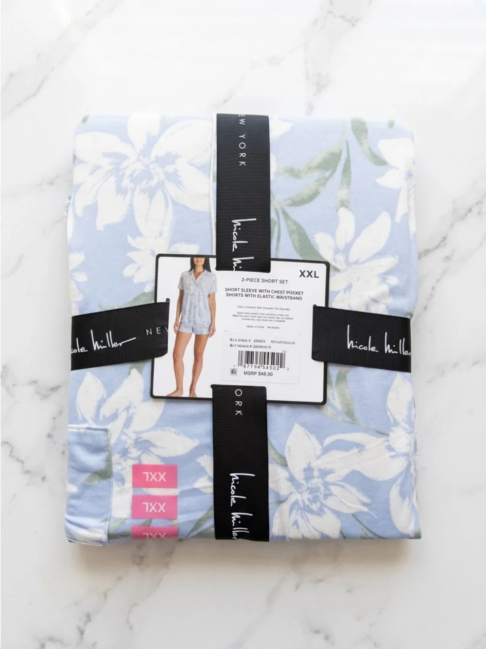 NWT Nicole Miller NY Blue White Floral 2-Piece Pajama Short Set XXL